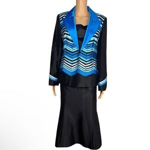 SUSANNA 3PC Blue Black Ruffle Polyester Lined Cocktail Skirt Suit Top